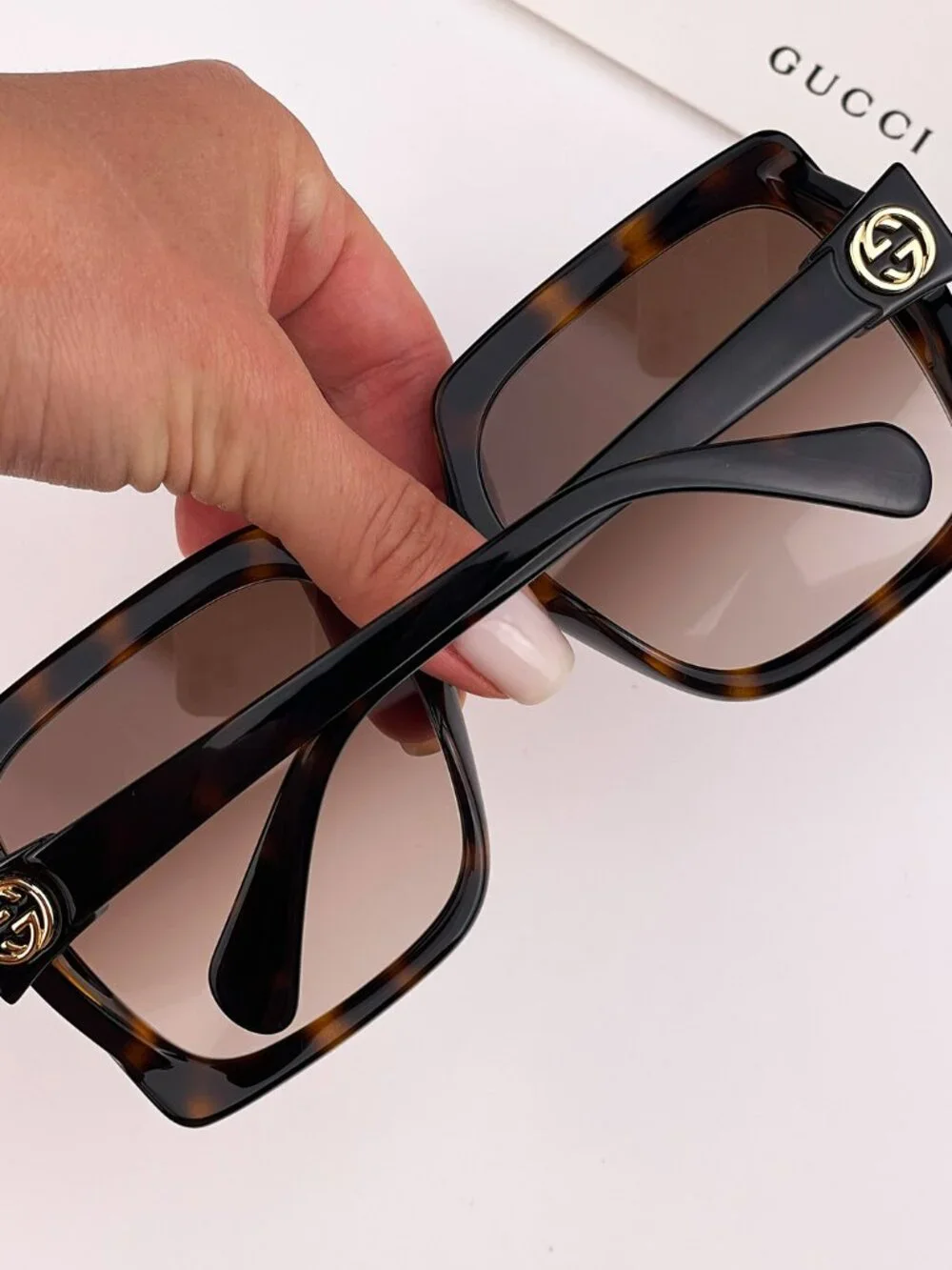 GUCCI GG0876S 002 HAVANA GOLD LOGO OVERSIZED RECTANGLE SUNGLASSES